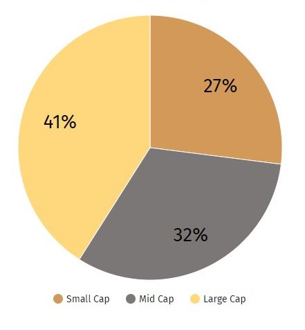 Pie chart showing Market Cap Distribution: Large Cap-36%, Mid Cap-34%,  Small Cap-30%