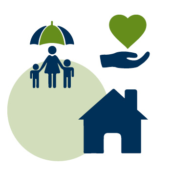 Philosophy graphic with a vector family under an umbrella, charitable giving hand with heart and a house icon